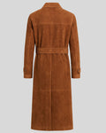 Rear view of belted brown suede trench coat for men