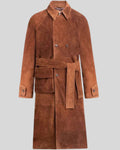 Brown suede trench coat for men – front view with belt