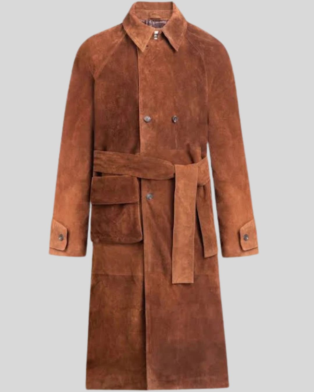 Brown suede trench coat for men – front view with belt