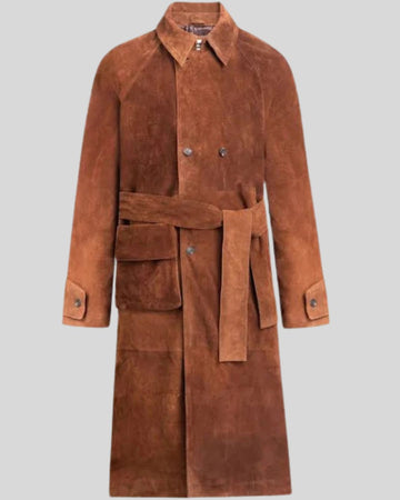 Brown suede trench coat for men – front view with belt