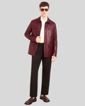 Full look with Imperial Utility Burgundy Leather Jacket styled with white shirt and black pants