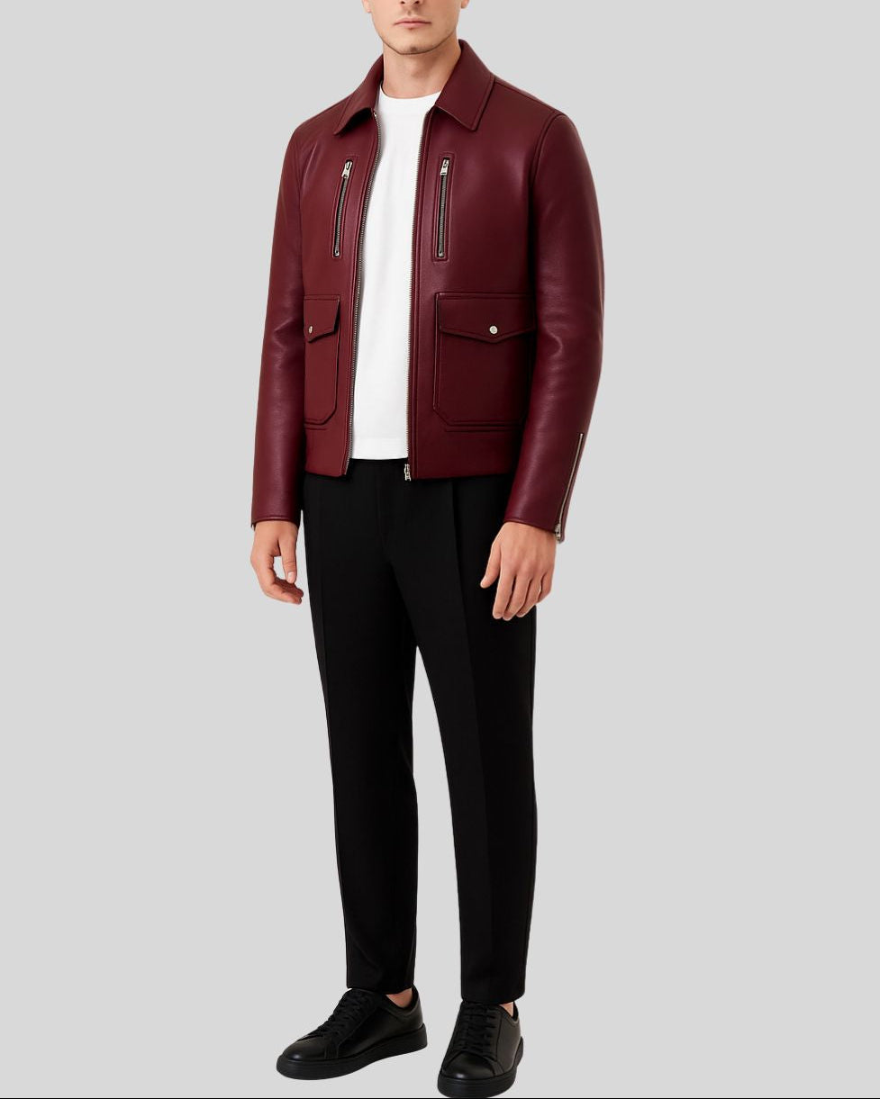 Burgundy Lambskin Bomber Jacket – Zipper Detail Close-Up