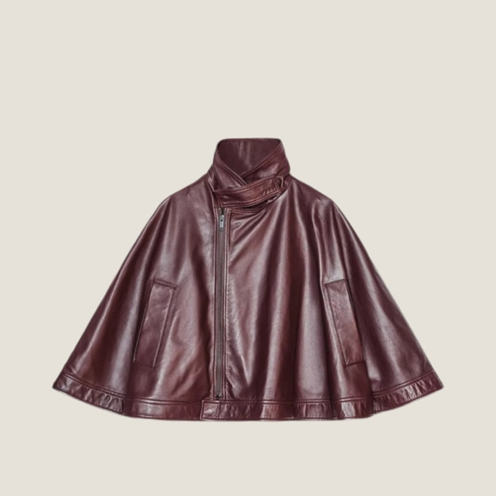 Burgundy Leather Capelet Poncho – Front View