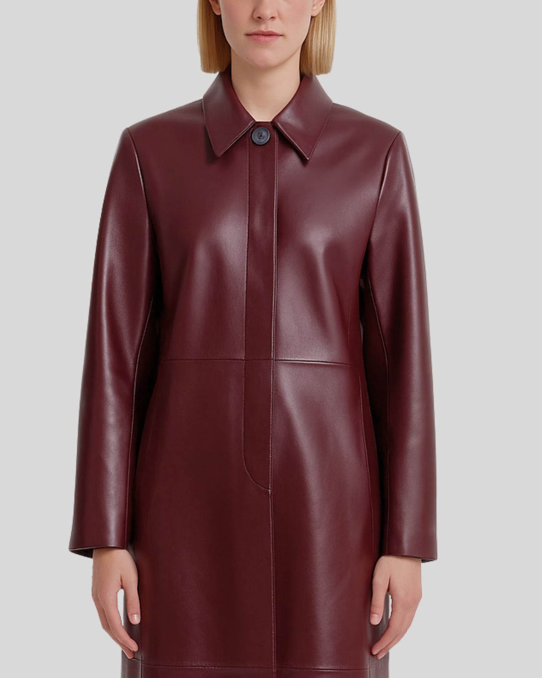 Burgundy leather coat close-up showing collar and concealed closure