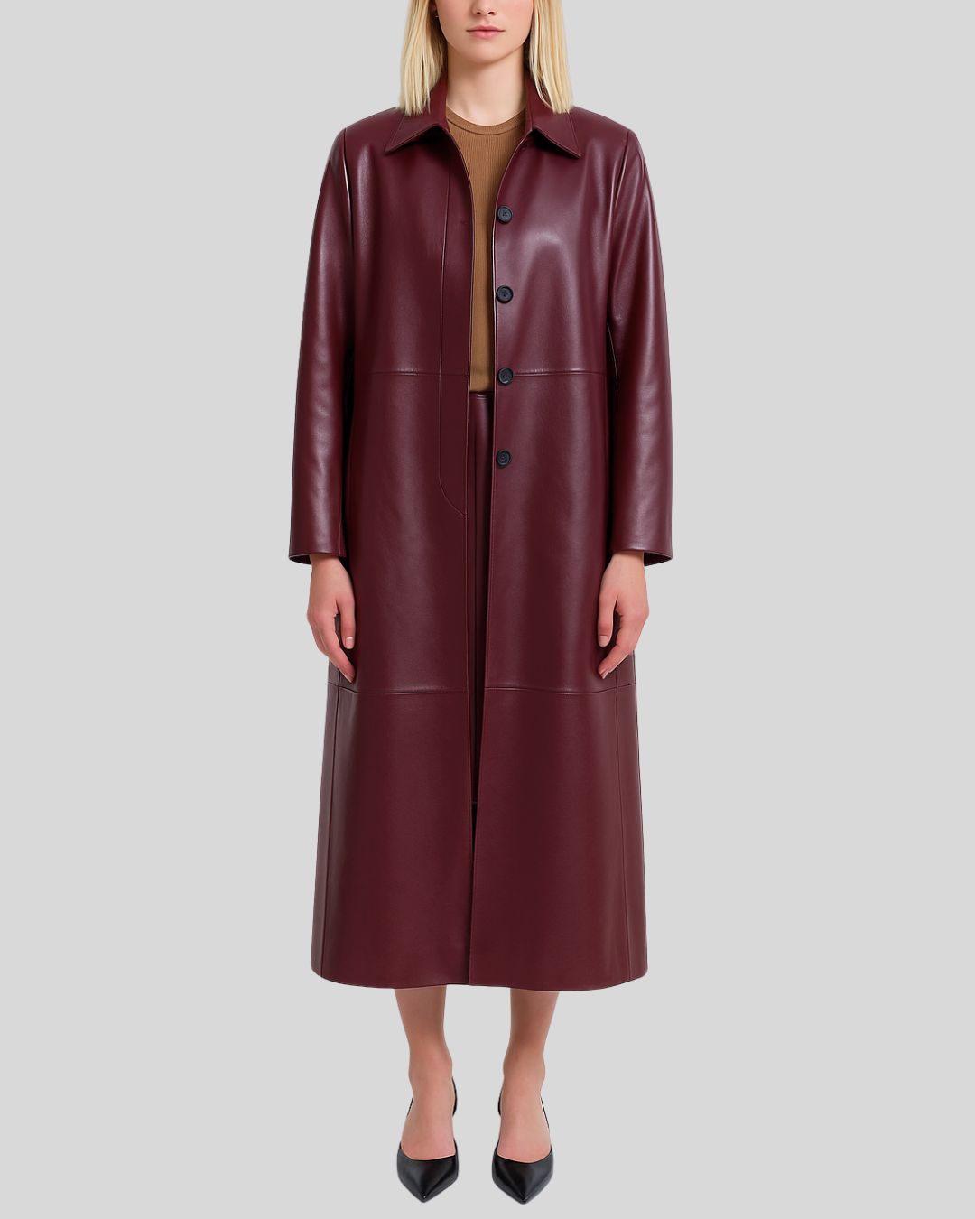 Women’s burgundy leather long coat – closed front view