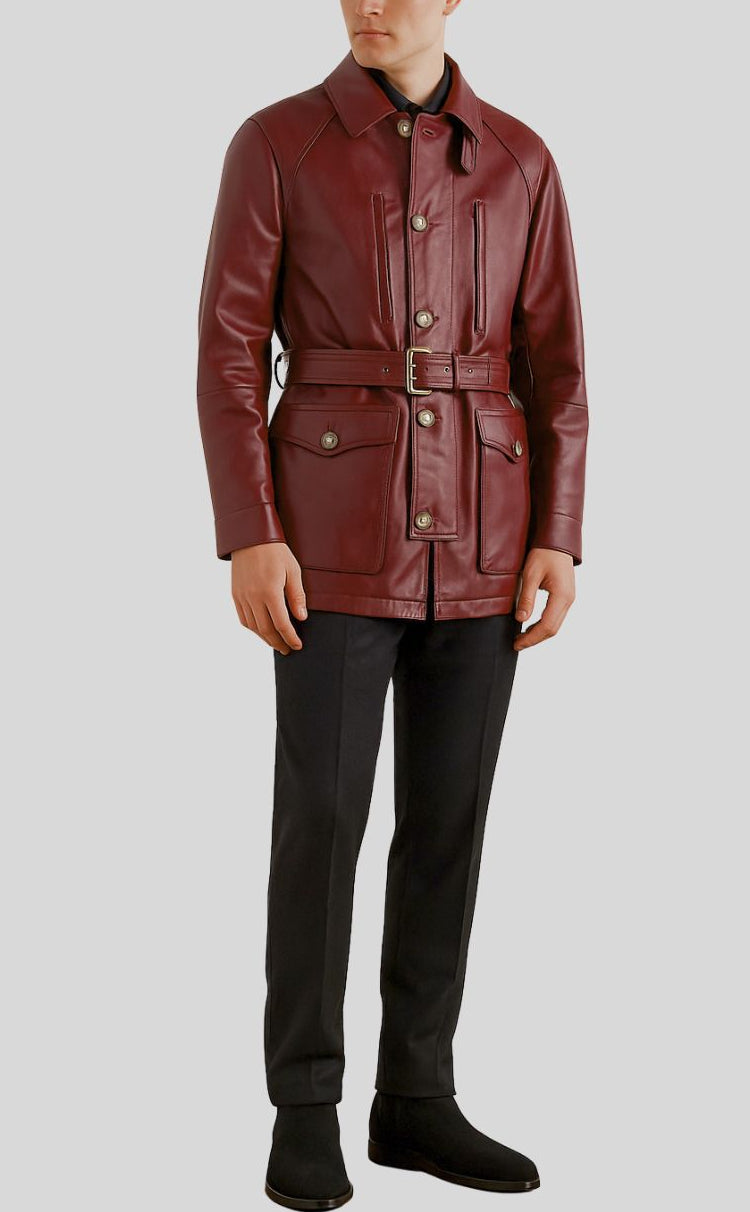 Front view of model wearing burgundy leather safari jacket with belt