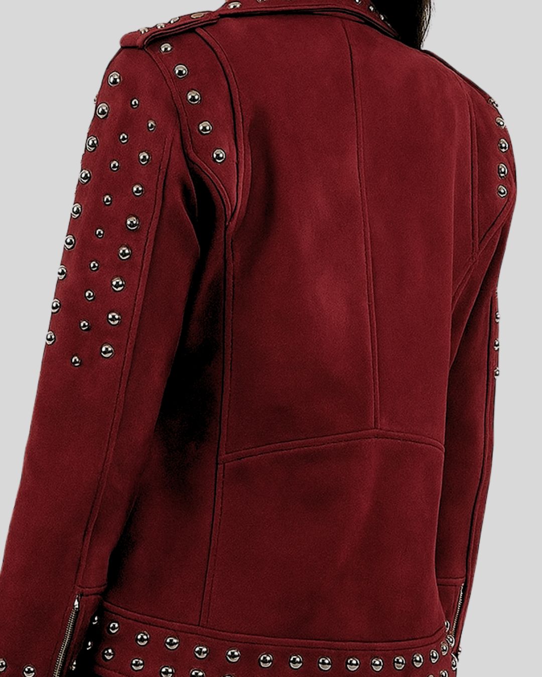 Front view of burgundy suede biker jacket with silver studs and asymmetric zip