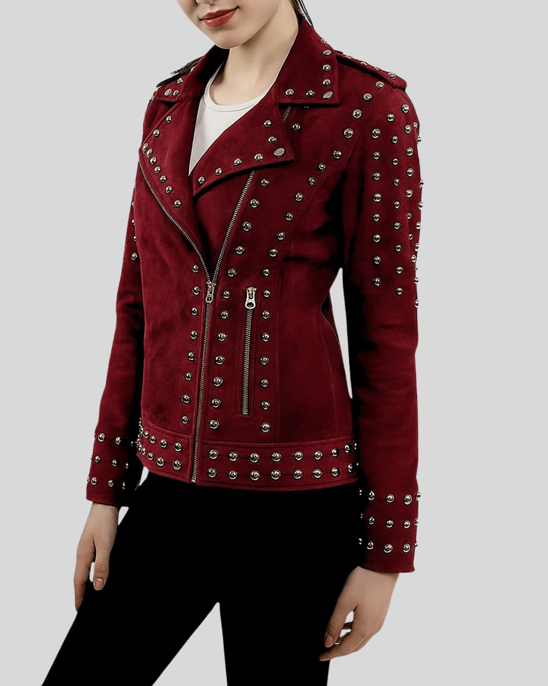 Front view of burgundy suede biker jacket with silver studs and asymmetric zip
