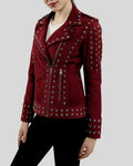 Front view of burgundy suede biker jacket with silver studs and asymmetric zip