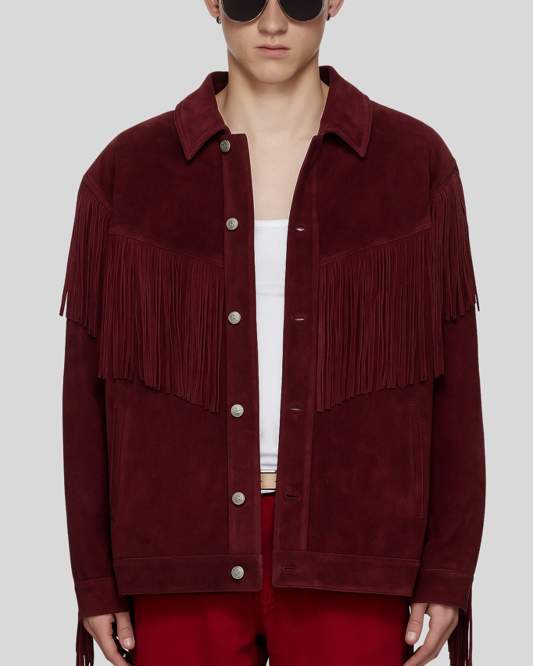 Man wearing burgundy suede fringe jacket – front view