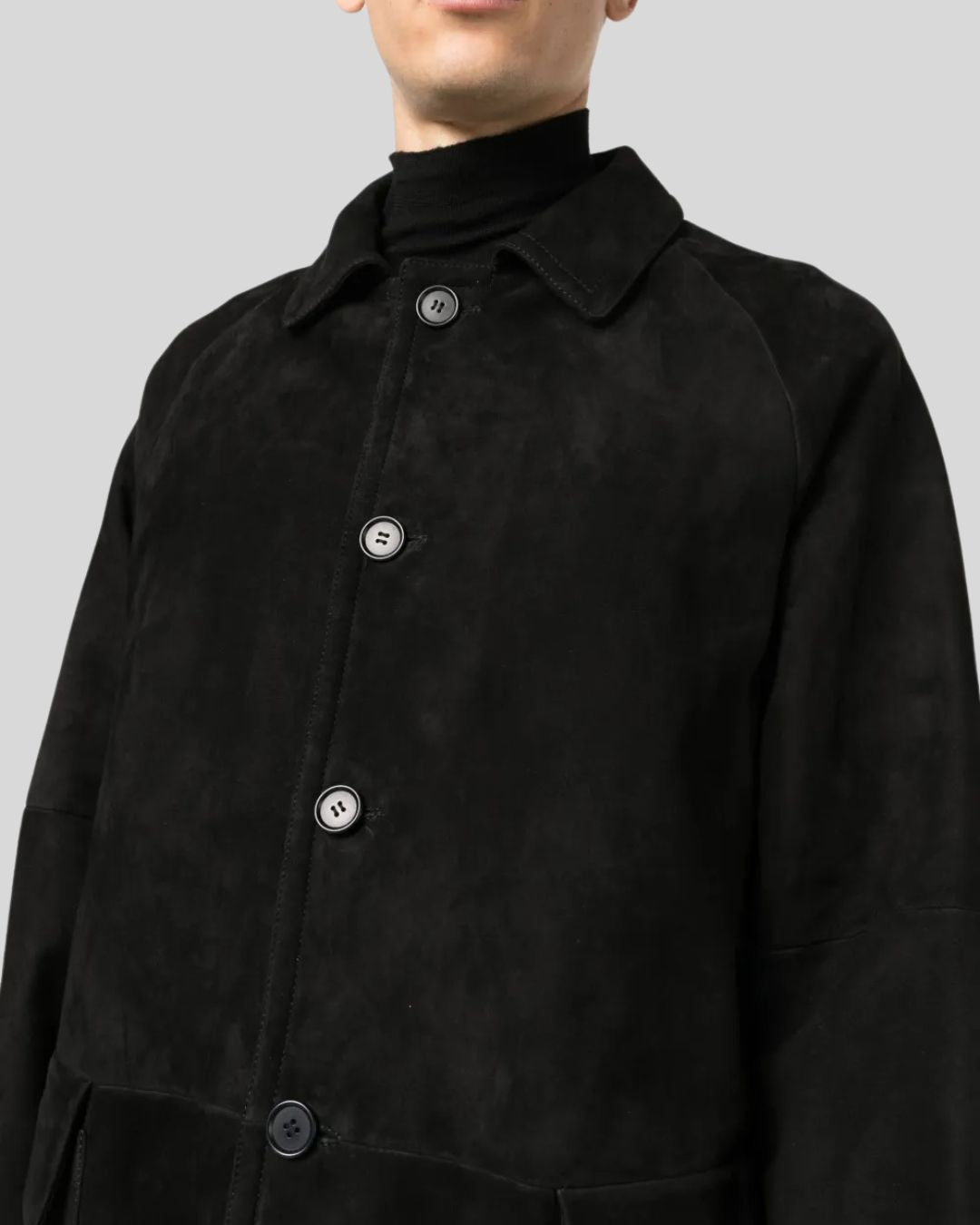 Close-up of collar and buttons on black suede coat