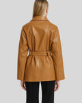 Back view of tan belted leather shacket for women