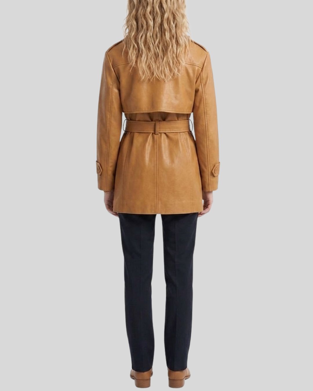 Urban Luxe Tan Leather Belted Leather Safari Jacket For Women