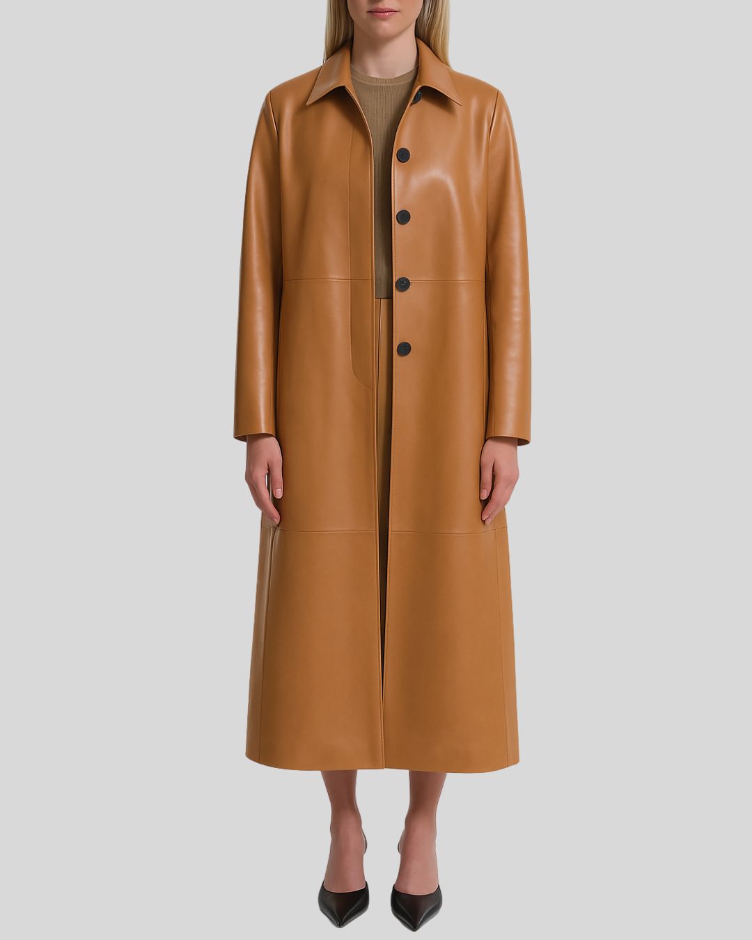 Tan leather trench coat for women – minimalist camel longline design front view