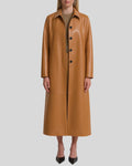 Women’s camel long leather coat – open front style with black button closure