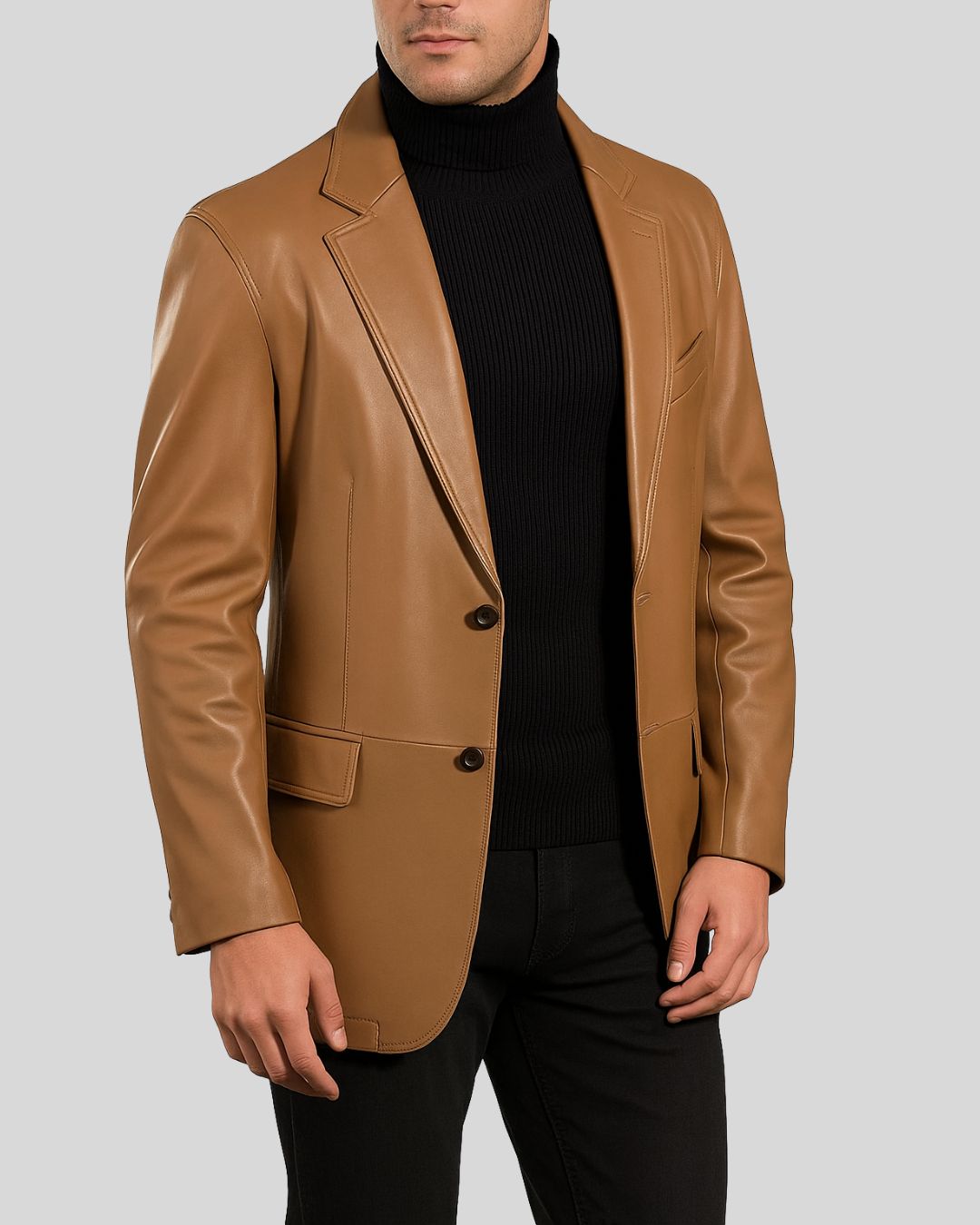 Model in tan leather blazer over black turtleneck – formal outfit idea