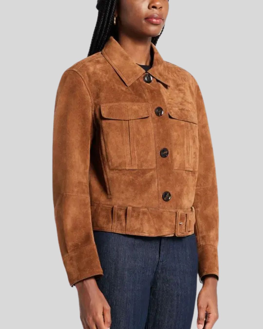 Cropped brown suede jacket with flap pockets and belt detail
