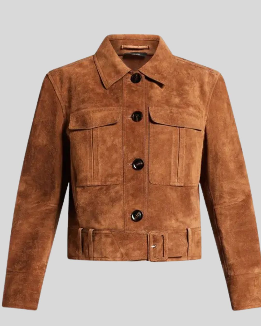 Cropped brown suede jacket with flap pockets and belt detail
