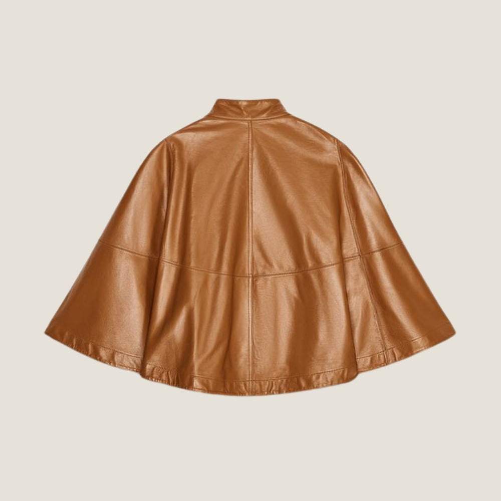 Rear view of caramel leather capelet