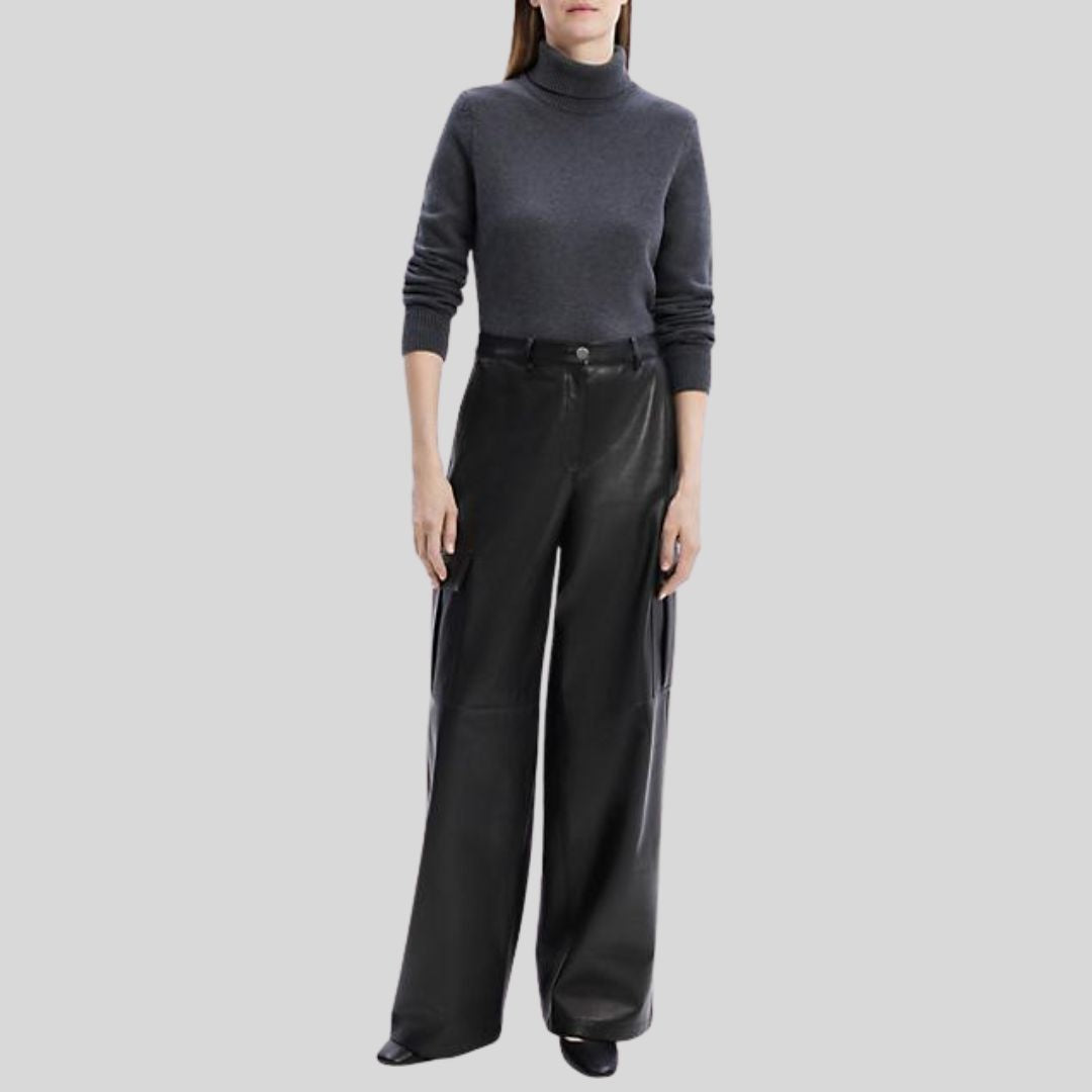 front view of Cargo Luxe womens black baggy leather pants
