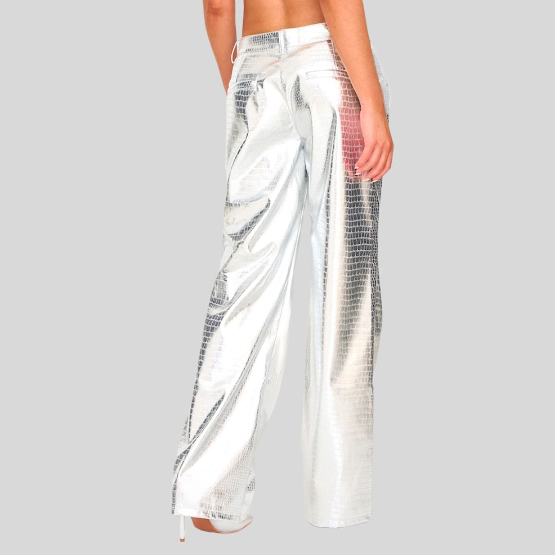 Back view of Celestial Luxe croc embossed silver pants with model