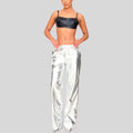Front view of Celestial Luxe metallic croc leather pants with model