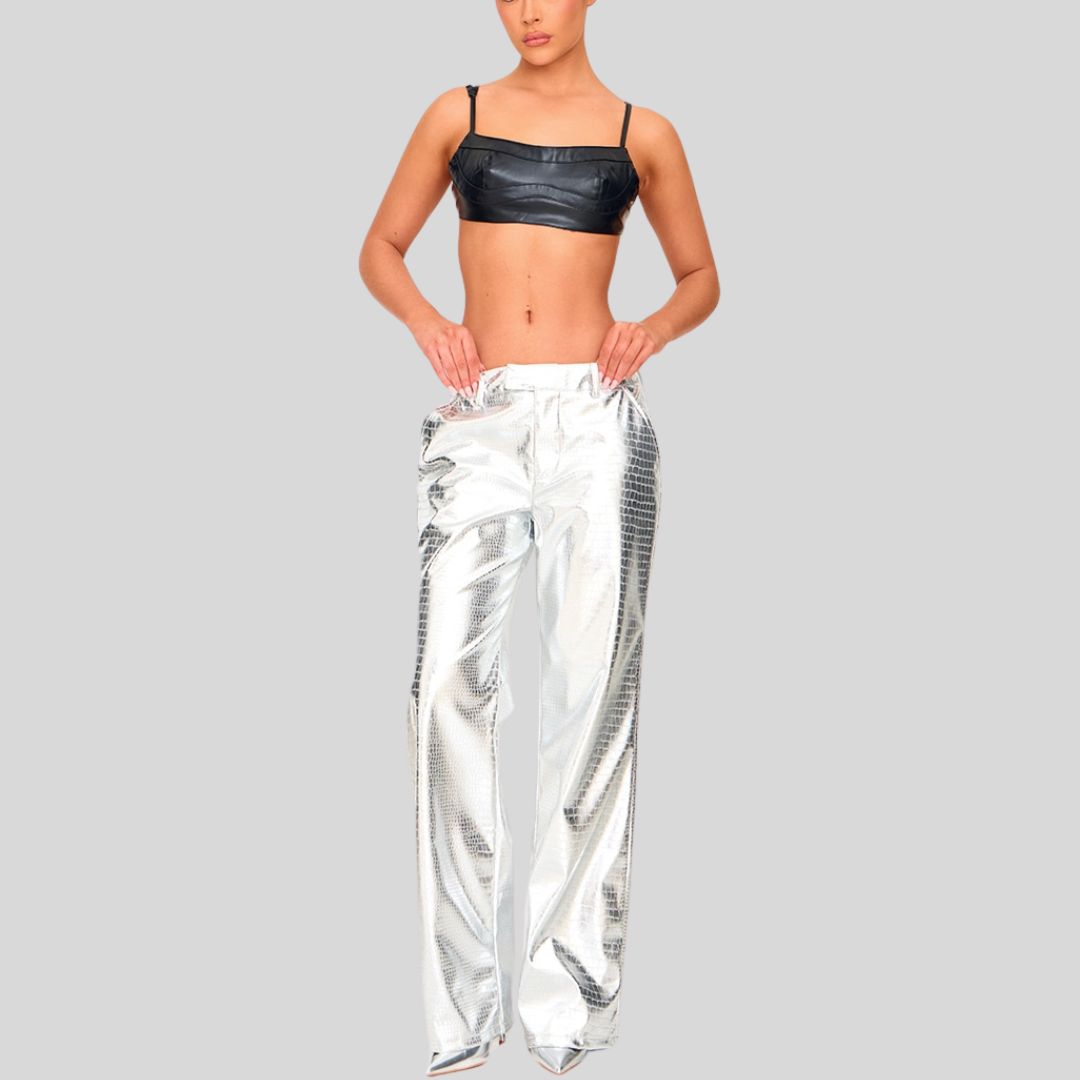 Front view of Celestial Luxe metallic croc leather pants with model