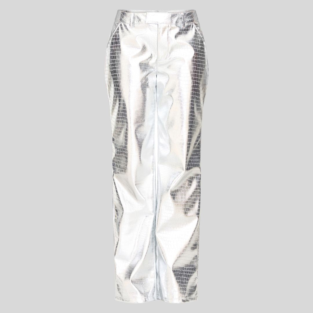Flat lay of Celestial Luxe silver metallic croc leather pants