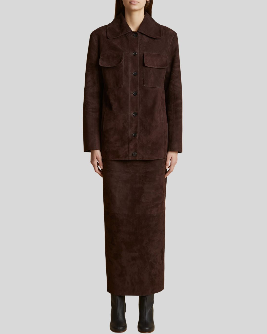  Brown suede maxi skirt flat lay product image - Chestnut Dusk Skirt