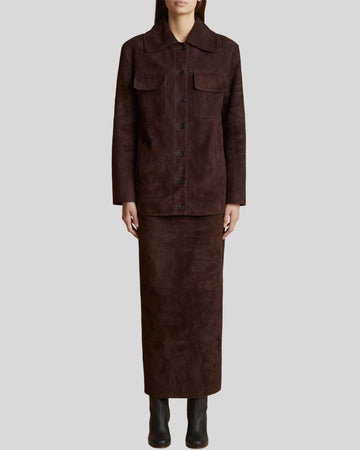  Brown suede maxi skirt front view high-waisted - Chestnut Dusk Skirt