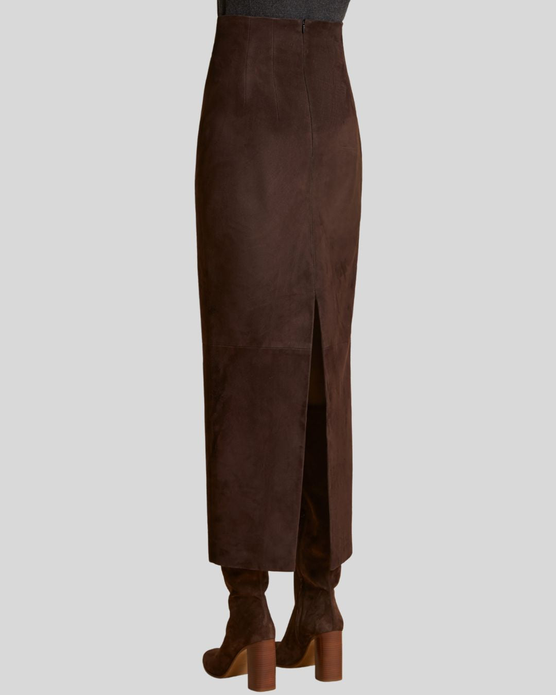  Back view brown suede maxi skirt with rear slit - Chestnut Dusk Skirt