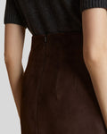 Close-up brown suede maxi skirt waist seam detail - Chestnut Dusk Skirt