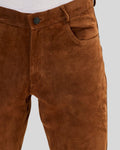 close-up of waistband and texture on brown suede pants