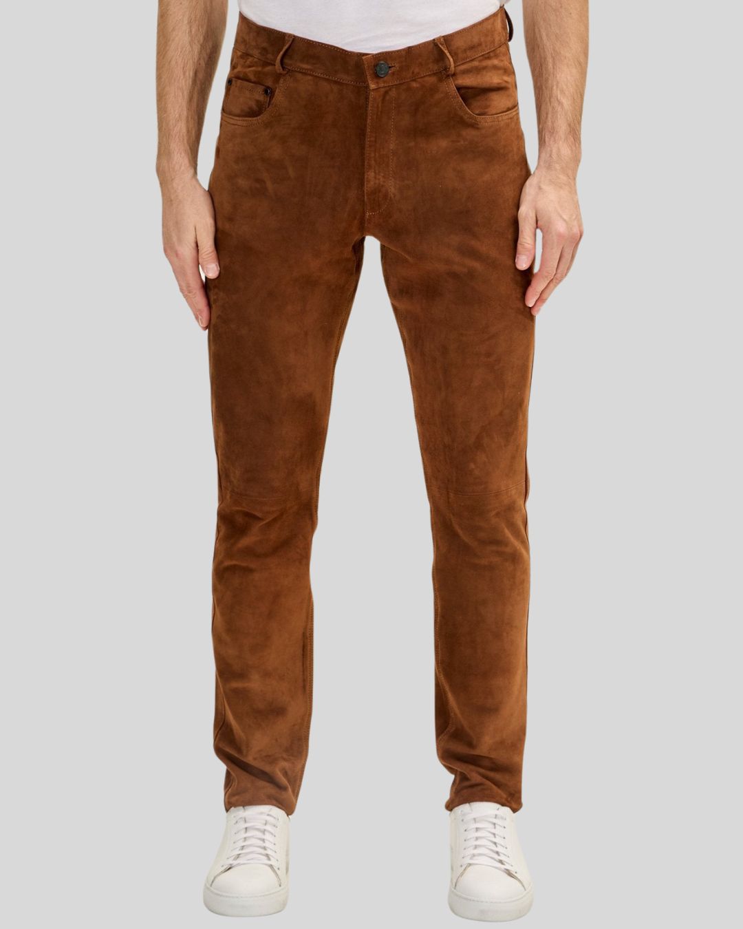  front view of Chestnut Luxe men’s brown suede pants