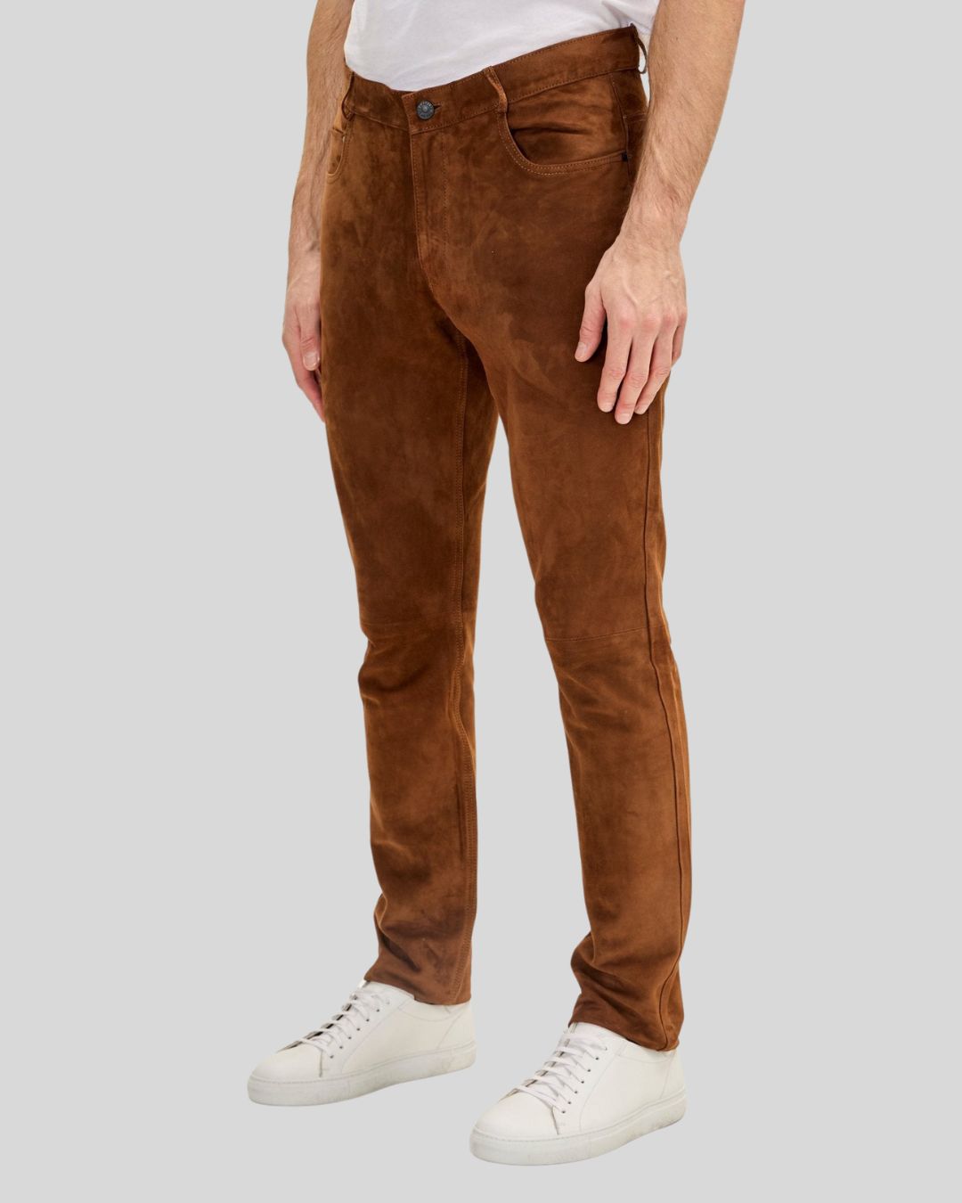 side view of men’s suede pants in chestnut brown