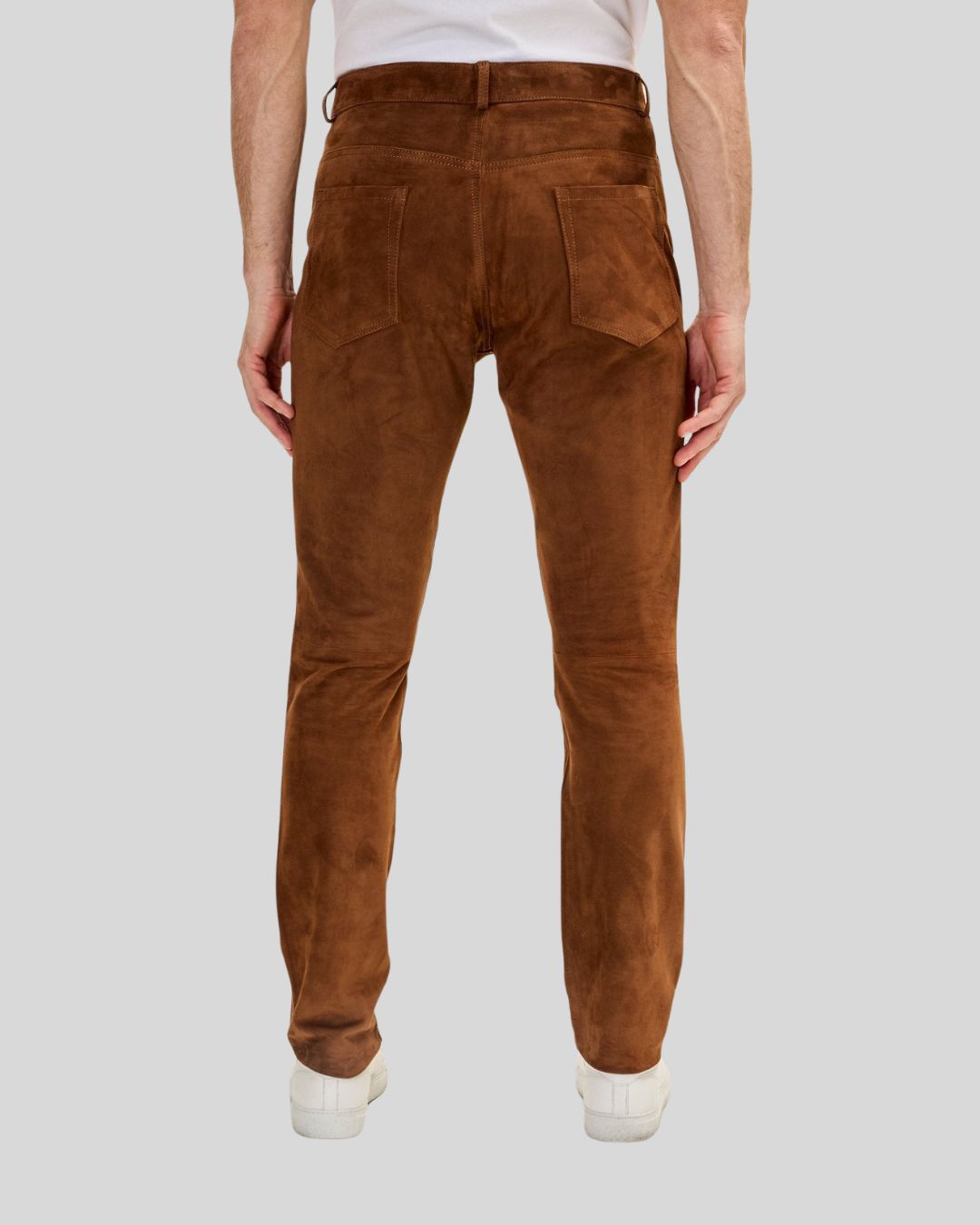  front view of Chestnut Luxe men’s brown suede pants