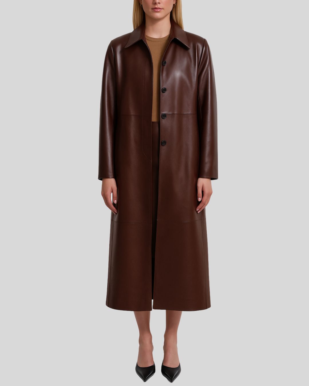 Chocolate leather trench coat for women – full front view