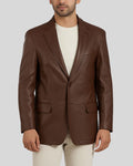 Slim-fit chocolate leather blazer for men worn over white crewneck