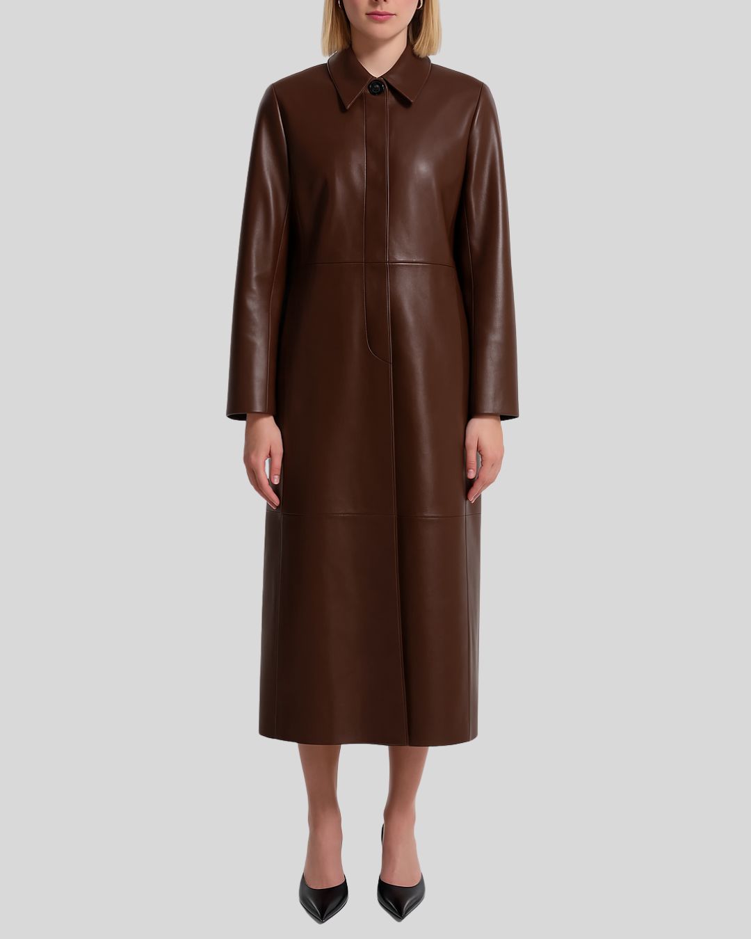 Chocolate leather trench coat for women – full front view