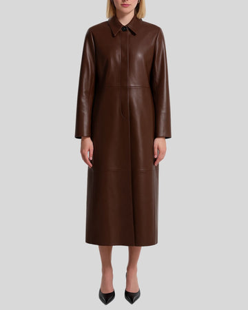 Chocolate leather trench coat for women – full front view