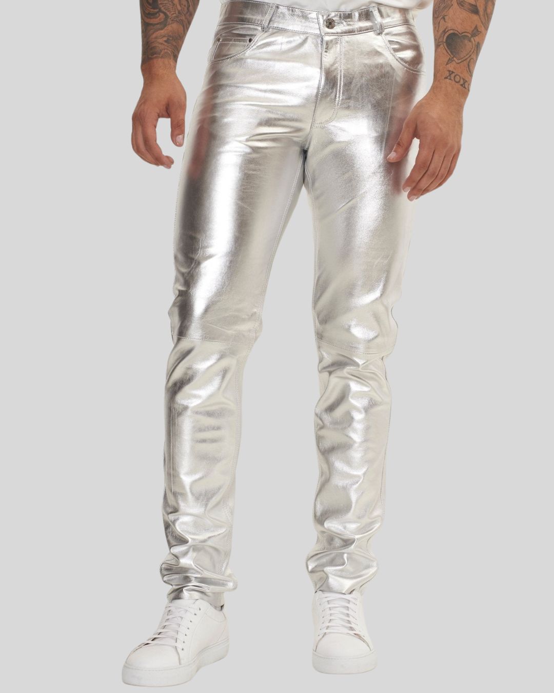 front view of Chrome Flash silver leather pants