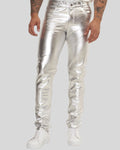 front view of Chrome Flash silver leather pants
