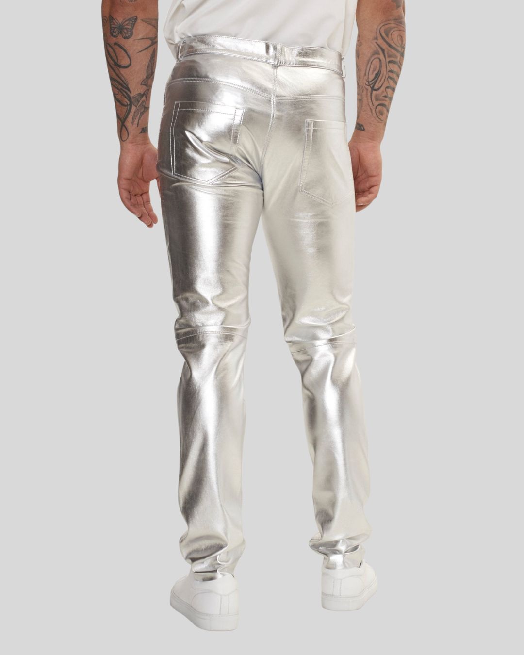 front view of Chrome Flash silver leather pants