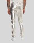  back view of silver mens metallic leather pants