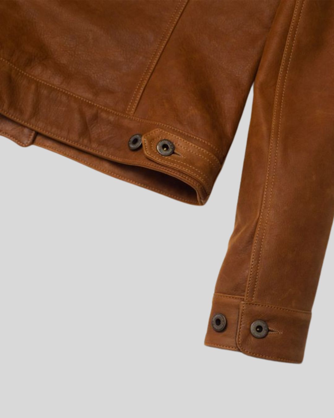 Front view of Clayton Ridge leather trucker jacket with dark brown collar
