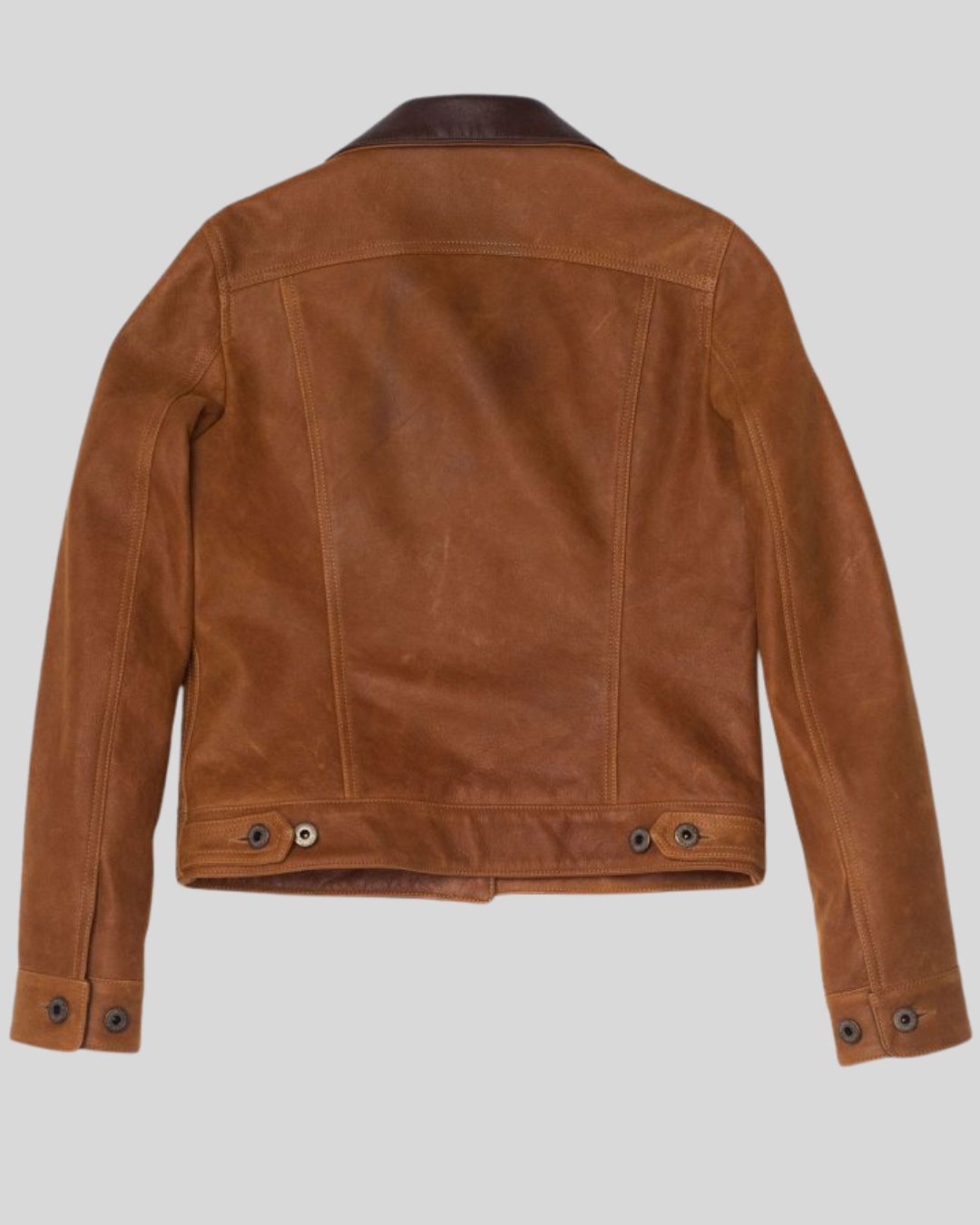 Back of Clayton Ridge brown leather jacket with adjustable hem
