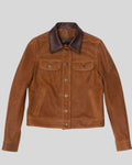 Front view of Clayton Ridge leather trucker jacket with dark brown collar
