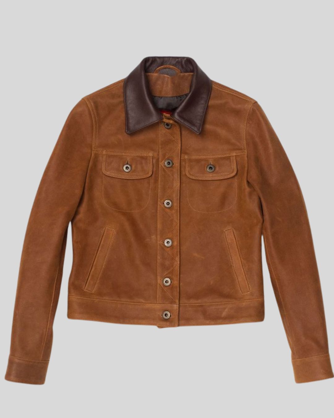 Front view of Clayton Ridge leather trucker jacket with dark brown collar
