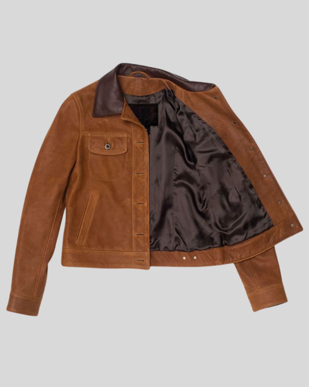 Front view of Clayton Ridge leather trucker jacket with dark brown collar

