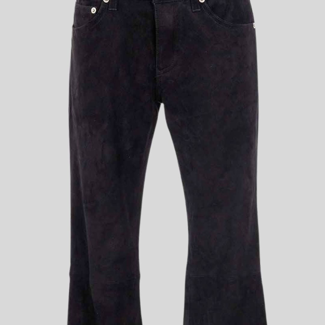 front close detail of suede flare pants